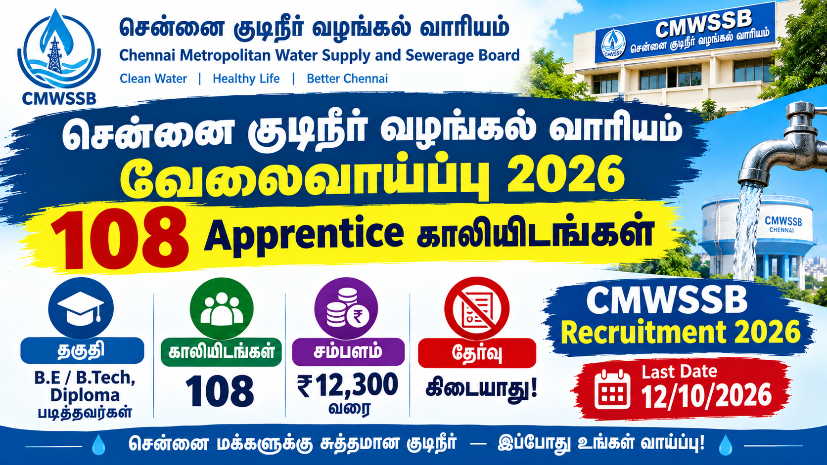 CMWSSB Recruitment 2026 108 Apprentice Vacancies for BE BTech Diploma