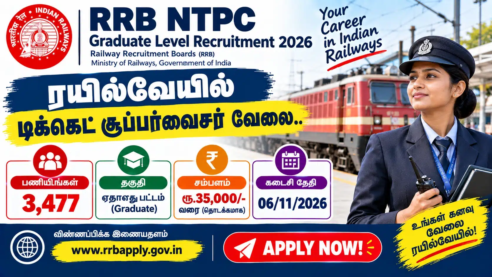 RRB NTPC Graduate Level Recruitment 2026: ரயில்வேயில் டிக்கெட் சூப்பர்வைசர் வேலை.. 3,477 பணியிடங்கள்.. ரூ.35 ஆயிரம் சம்பளம்.. என்டிபிசி அறிவிப்பு!