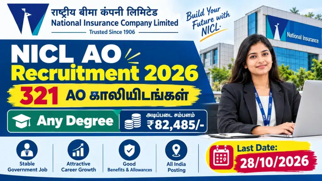 NICL AO Recruitment 2026 321 vacancies Any Degree qualification ₹82,485 basic salary